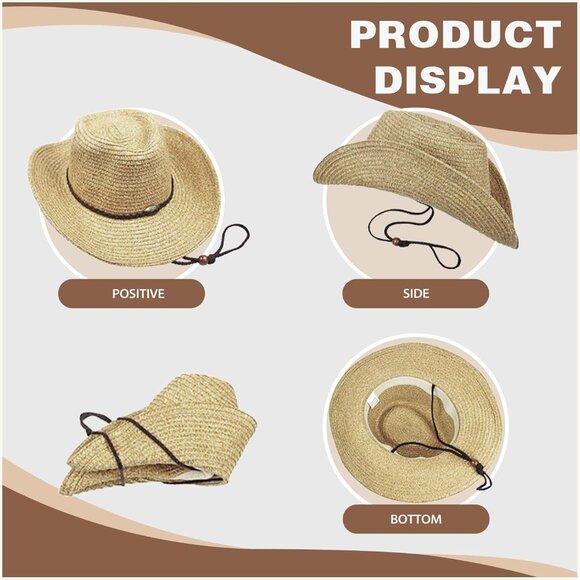 Straw Cowboy Hat Unisex Wide Brim Cowgirl Beach Sun Hat Holiday - Picture 5 of 6